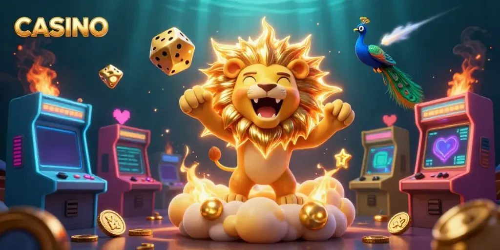 Experience dazzling gaming adventure at the CASINO with roaring lion and vibrant game elements.