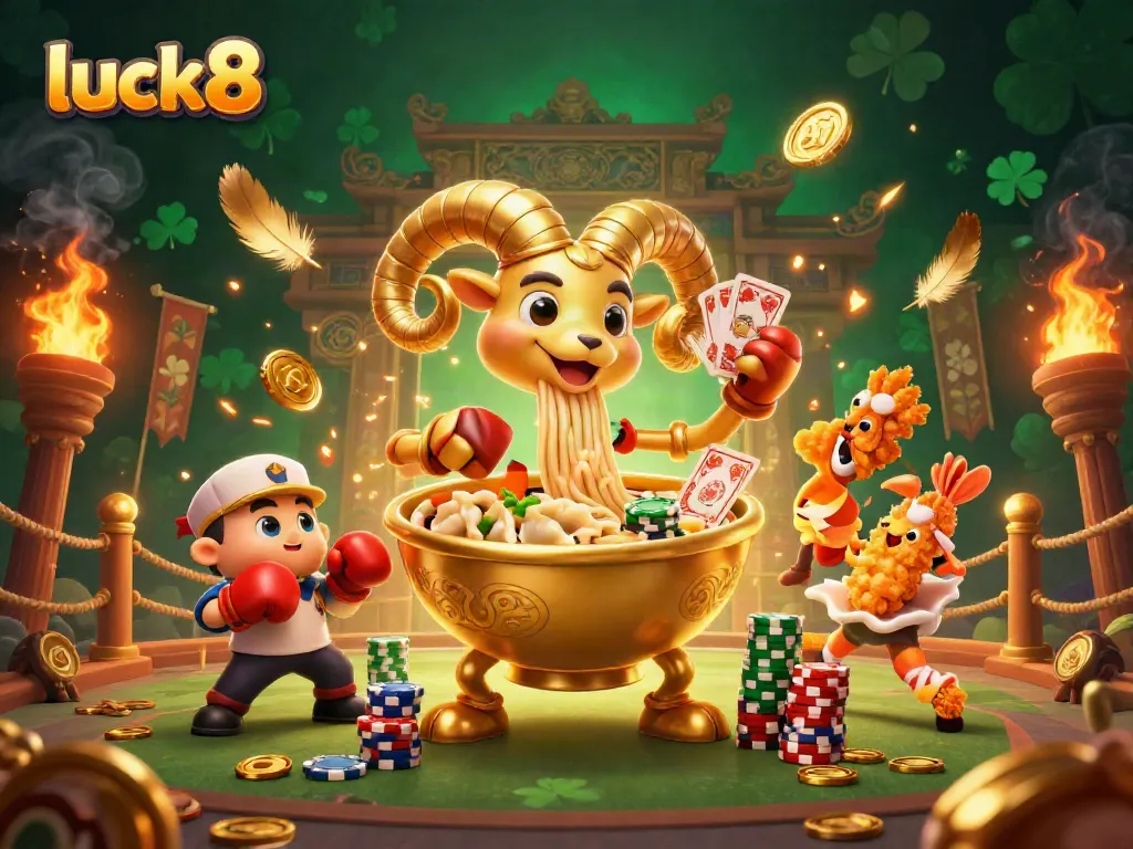 Experience luck8's thrilling visual action with a golden ramen bowl dealer surrounded by vibrant casino elements.