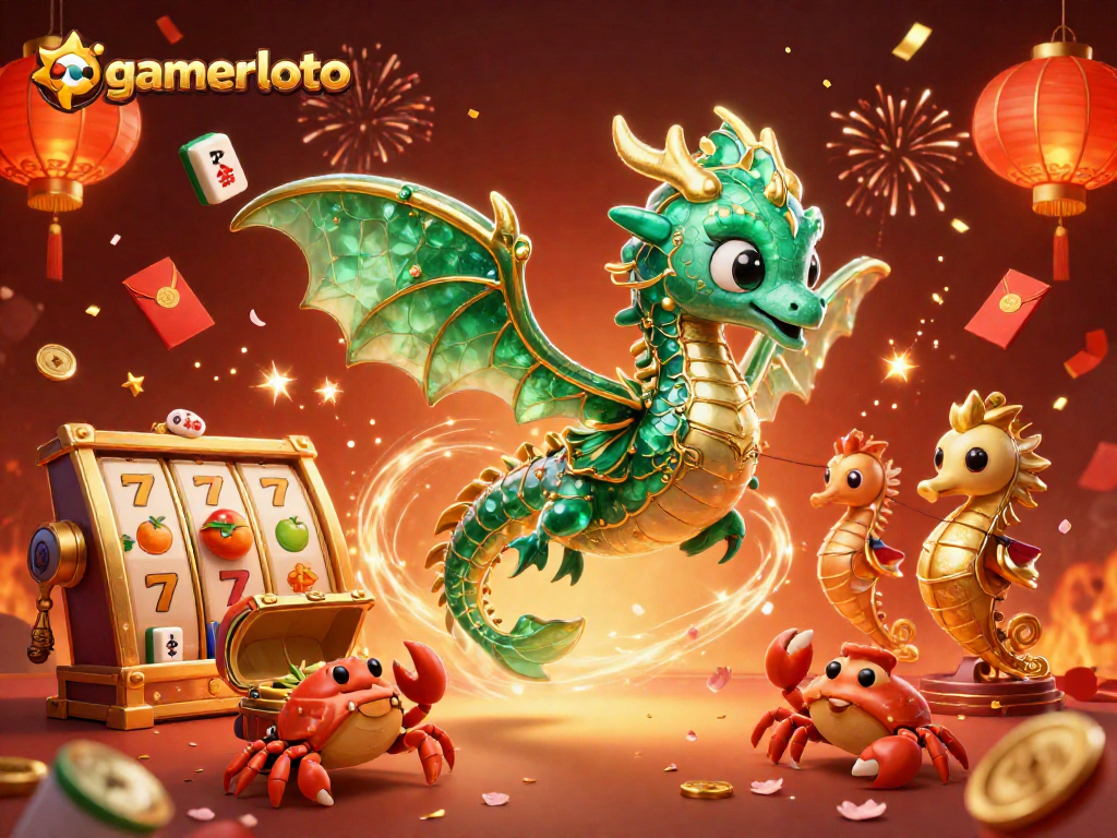 Engage with gamerloto's thrilling slot reels as a sea dragon and vibrant characters celebrate riches.