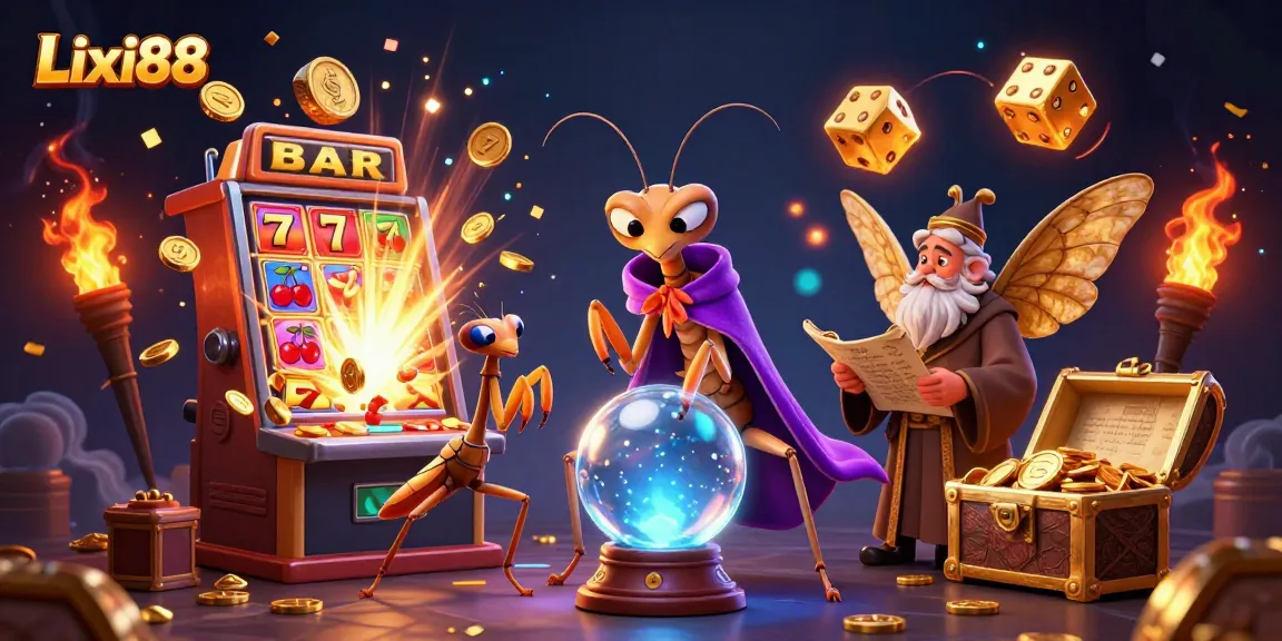 Lixi88 brings excitement with slot machines bursting coins and magical elements in a vibrant casino scene.
