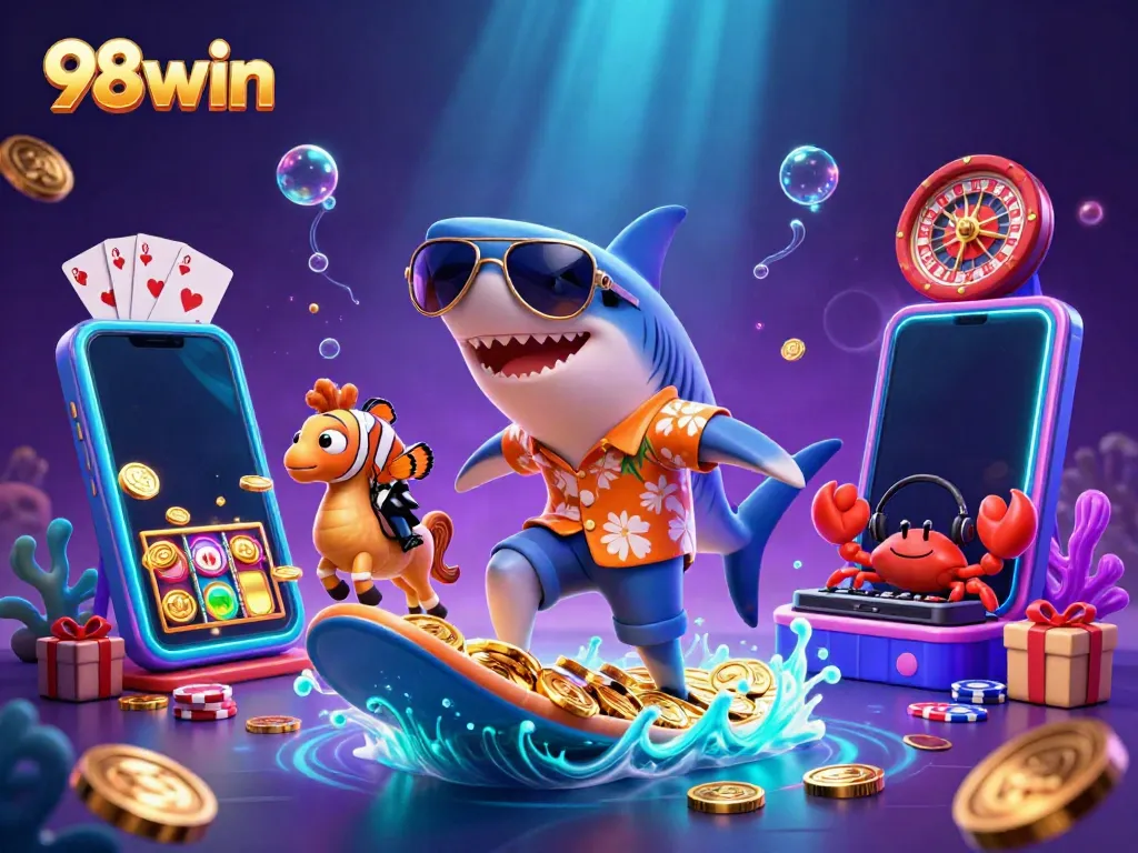 Engage in thrilling gameplay with 98win as a hammerhead shark surfs on gold coins alongside a clownfish and crab DJ.