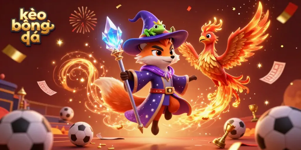 Experience kèo bóng đá with a mystical wizard fox, phoenix, and sports betting elements in an energetic 3D scene.