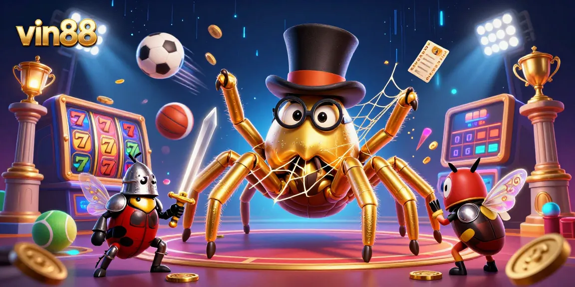 Bet on thrilling action at vin88 with golden tarantula and beetle knight in a vibrant 3D casino scene.