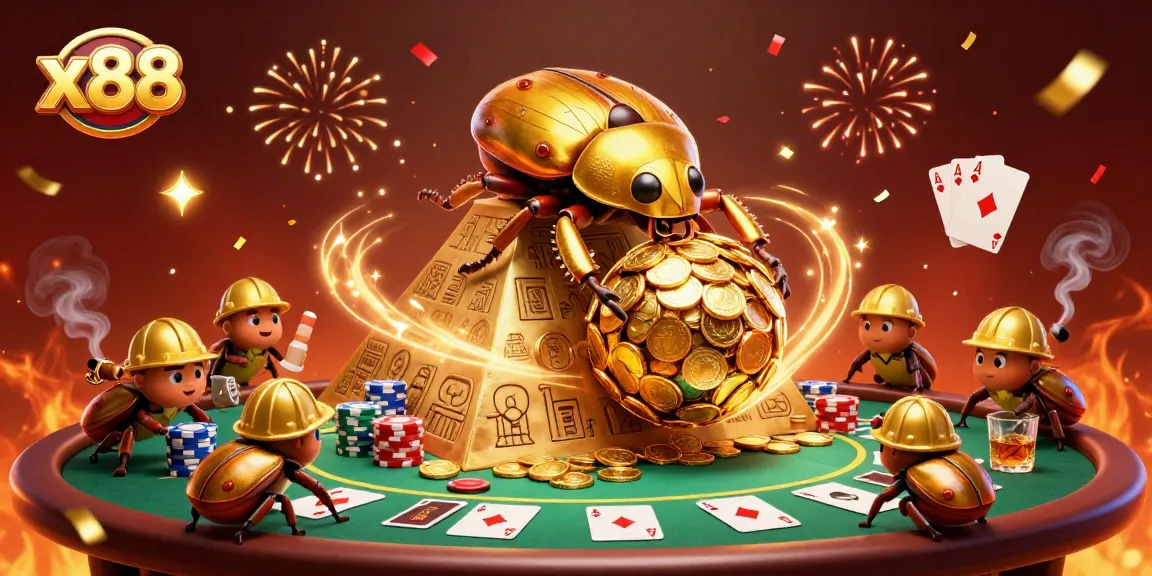 x88 engages players with a vibrant casino scene featuring golden beetles and poker elements.
