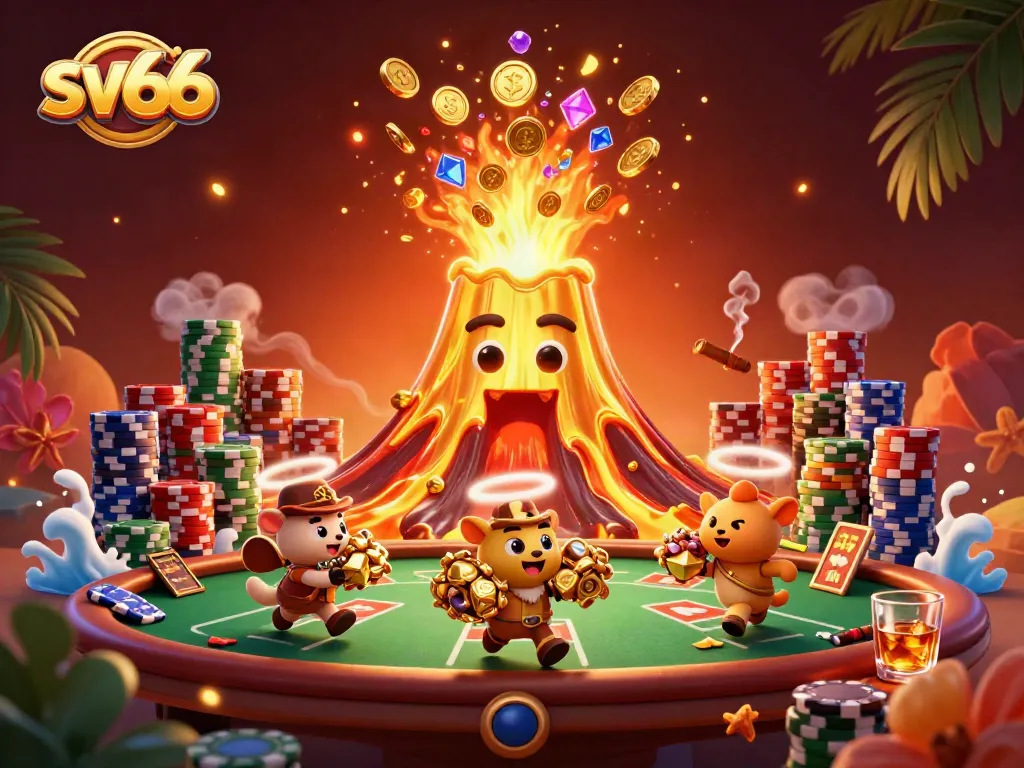 Engage with sv66 dynamic gameplay featuring a golden volcano erupting treasures at a poker table.