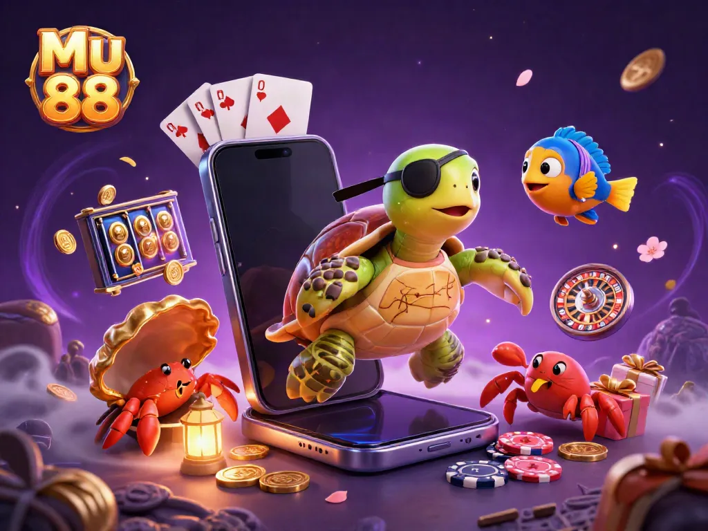 Engage in Mu 88's vibrant gaming adventure with a pirate turtle navigating colorful slot treasures.