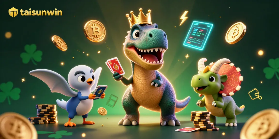 Join the fun at taisunwin with a cartoon T-Rex shuffling cards and friends stacking chips in a colorful casino scene.