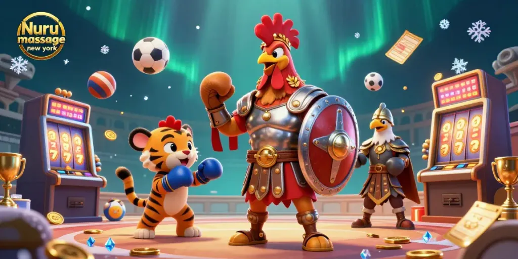 Nuru massage new york theatrical scene featuring a gladiator rooster and gaming elements in a dynamic colosseum setting.