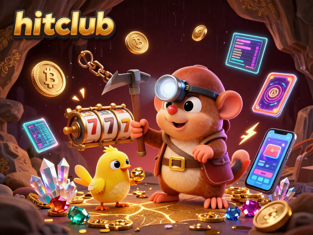 Hitclub showcases a dynamic treasure hunter scene blending crypto coins and vibrant casino elements.