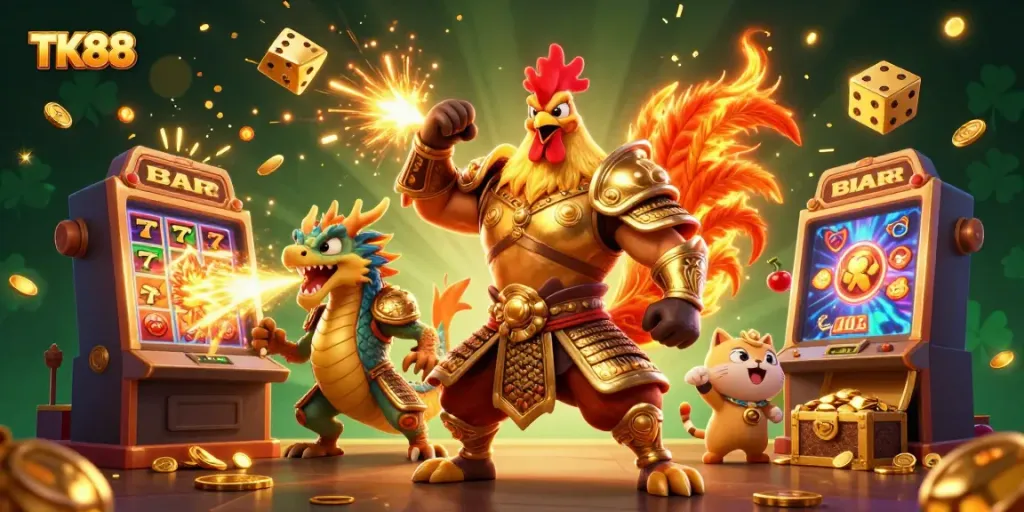 Experience thrilling moments with TK88 as a fiery warrior rooster and a dragon hatchling celebrate casino jackpots.