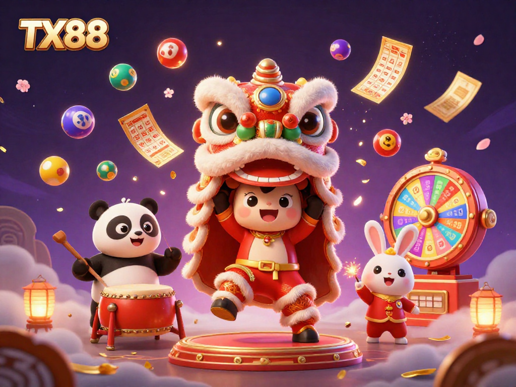TX88 offers an engaging online experience with vibrant elements of lottery games and festive characters.