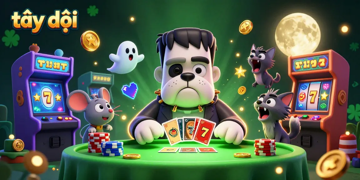 Play winning slots at tại đây with a lively scene of a Frankenstein bulldog dealer and whimsical casino elements.