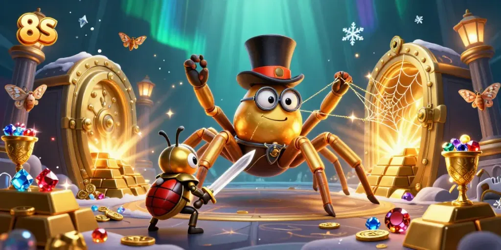 Join the thrilling adventure in the casino world with 8S, featuring a golden tarantula and a brave beetle knight.