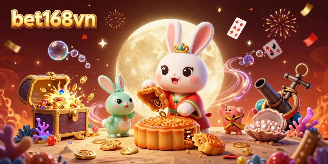 Experience the thrill of bet168vn with a vibrant casino-themed illustration filled with poker chips and golden treasures.