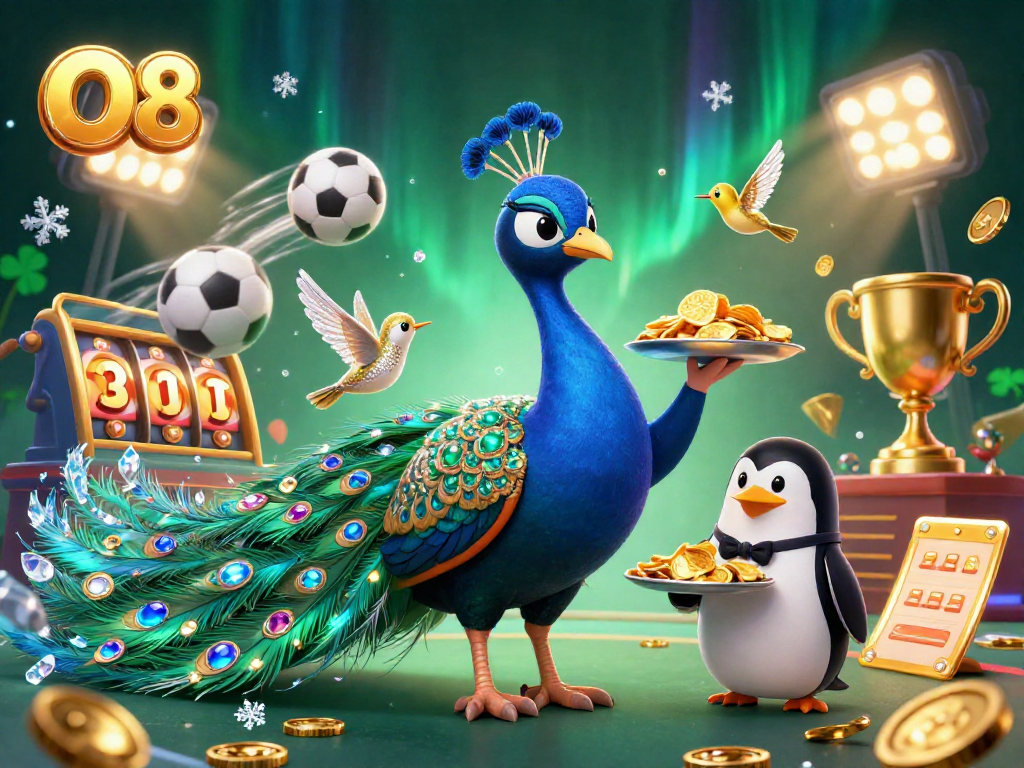 Engage in thrilling gameplay at O8 with a dazzling illustration showcasing a peacock, penguin, and hummingbird in casino action.