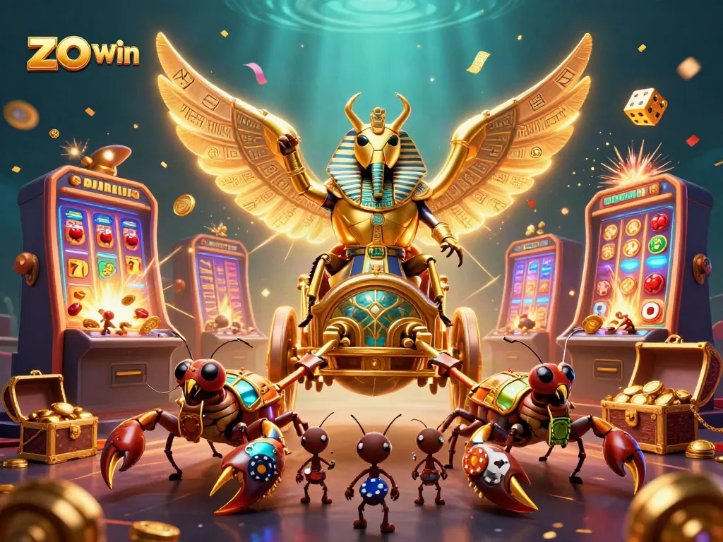 Engage with the thrilling zo win casino scene featuring a golden scarab beetle and dynamic slot game elements.