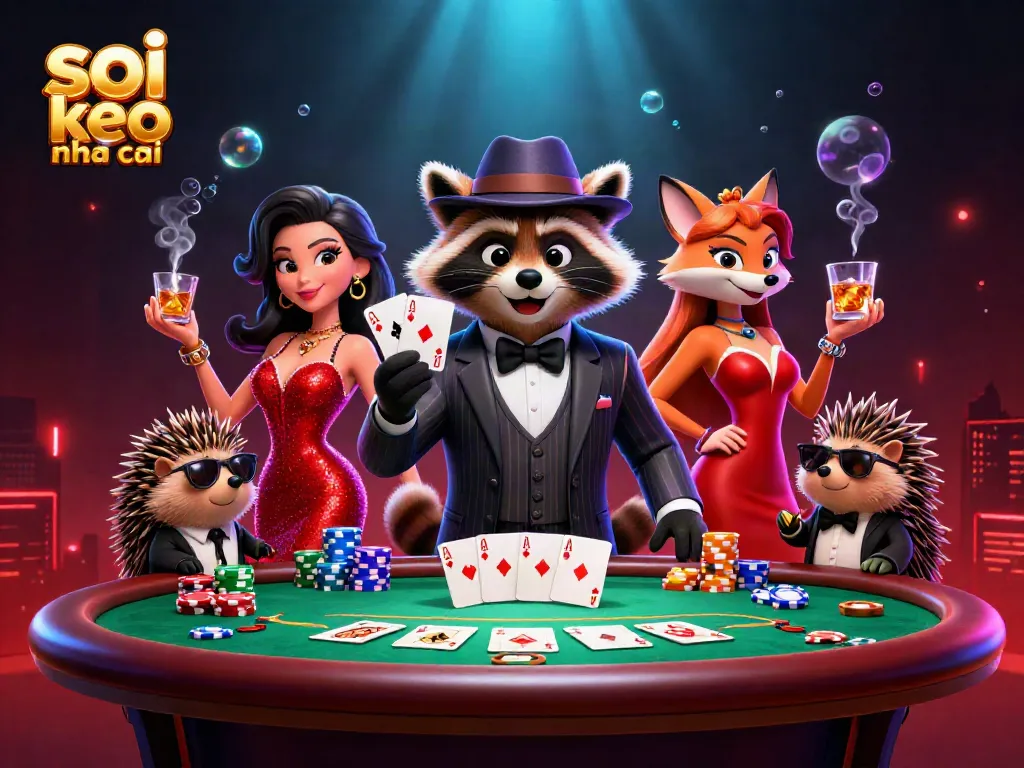 Soi keo nha cai scene with a raccoon, fox, and hedgehog around a vibrant poker table.