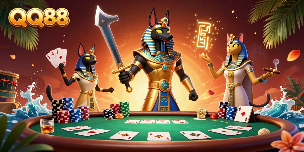 Experience thrilling gameplay at QQ88 with Anubis and Bastet in a vibrant casino scene.