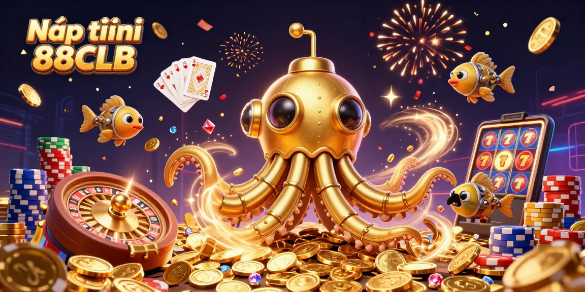 Nạp tiền 88CLB with a golden kraken submerged in coins, showcasing vibrant casino elements.