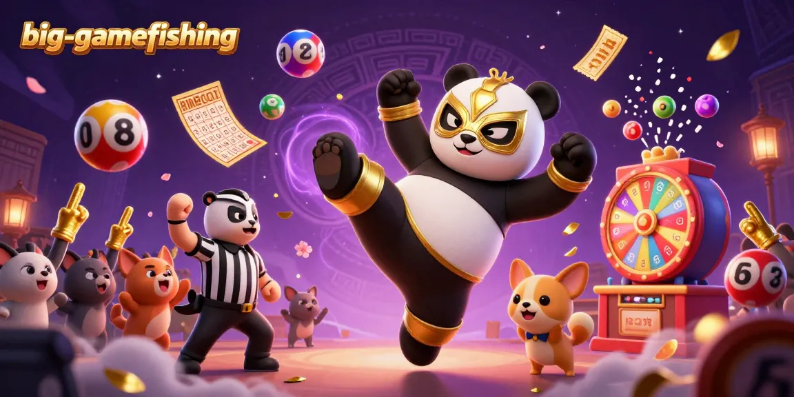 Engage in big-gamefishing excitement with a dynamic wrestling panda surrounded by colorful lottery elements.