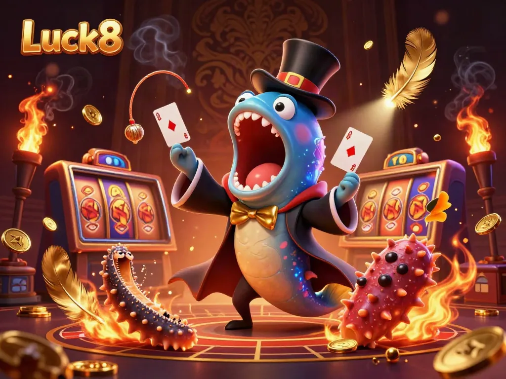 Luck8 showcases a whimsical scene with vibrant casino elements, featuring deep-sea creatures performing magic.