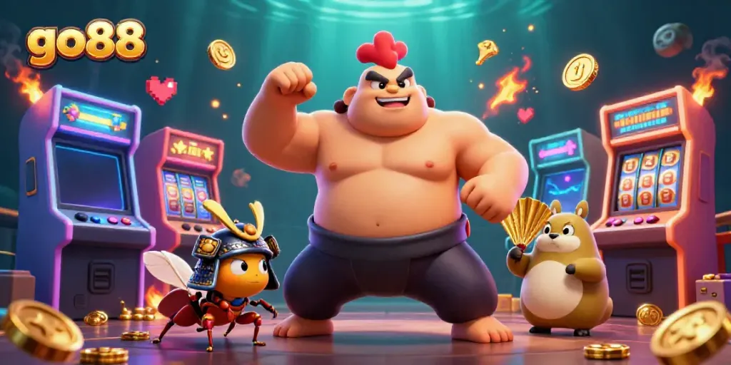 Experience thrilling gaming vibes with the powerful go88 sumo rooster and fierce cricket in this dynamic 3D illustration.