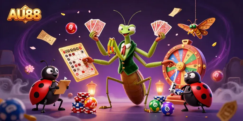 Experience the excitement of AU88 with a vibrant 3D illustration of a mantis dealer, ladybug pit boss, and dynamic gaming elements.