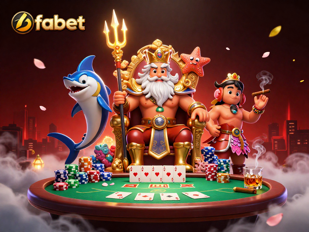 Experience fabet's thrilling casino scene with Neptune and poker elements in vibrant 3D illustration.