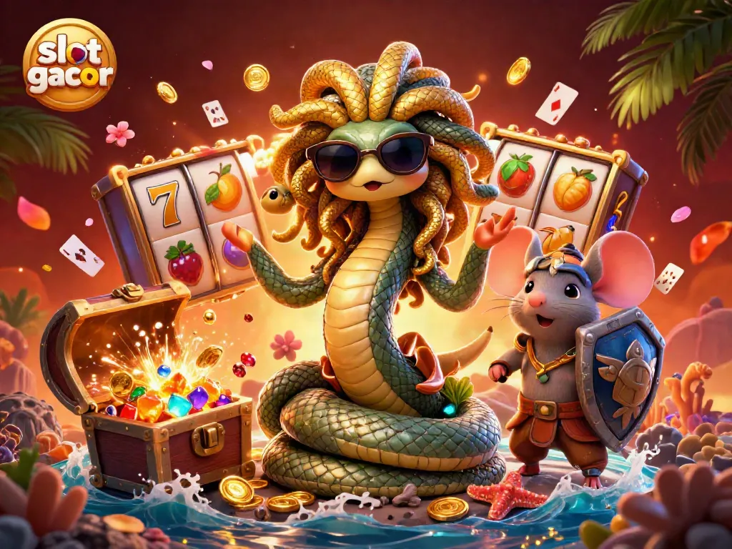 Experience the thrill of slot gacor with Medusa and a courageous mouse amidst vibrant casino elements.
