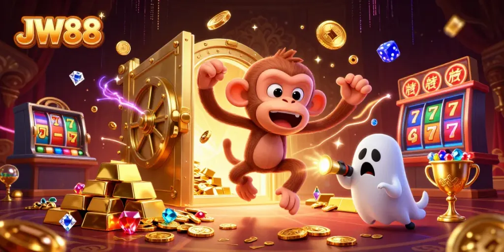 JW88 captivates with an entertaining casino scene featuring a playful monkey and a curious puppy.