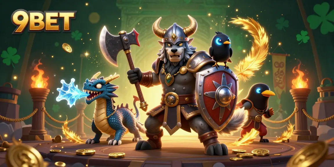 9BET engages players in thrilling action featuring a Viking warrior and fierce dragon in a casino scene.