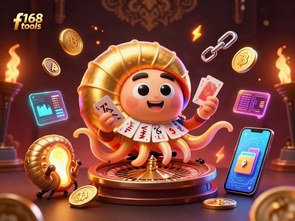 Spin the f168 tools roulette wheel with golden nautilus and glowing crypto coins in this vibrant scene.
