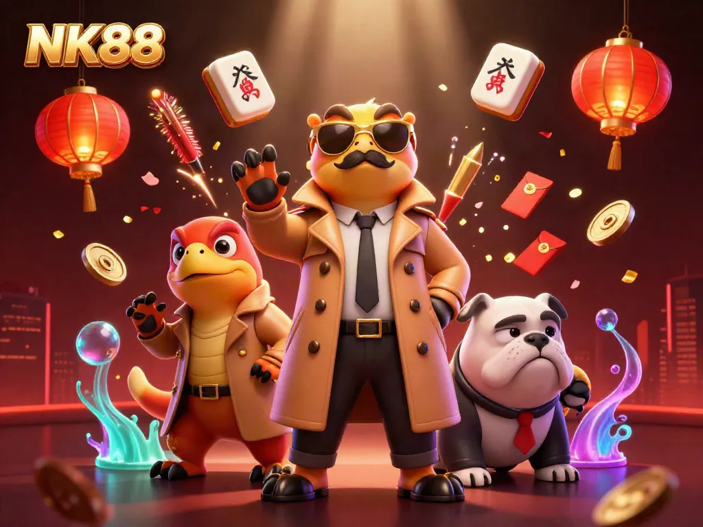 Experience NK88 with raptors sneaking into a VIP casino lounge in a whimsical 3D scene.
