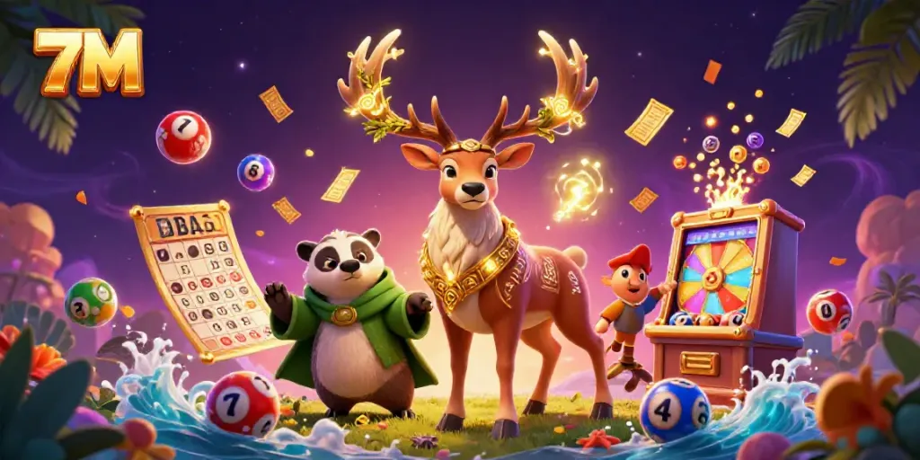 Experience the thrill of 7M with vibrant lottery elements and enchanting characters in a detailed 3D scene.