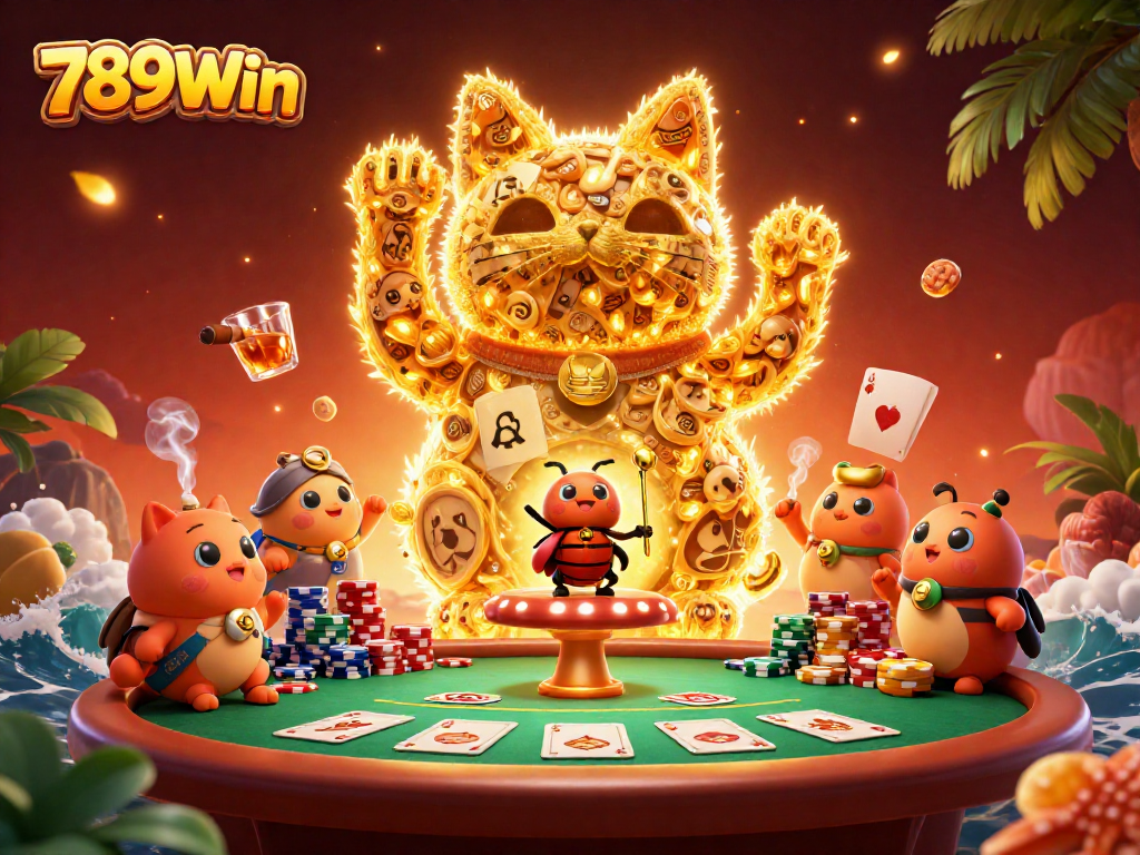 Engaging scene of 789Win, showcasing a lucky cat and poker elements in vibrant, dynamic casino setting.