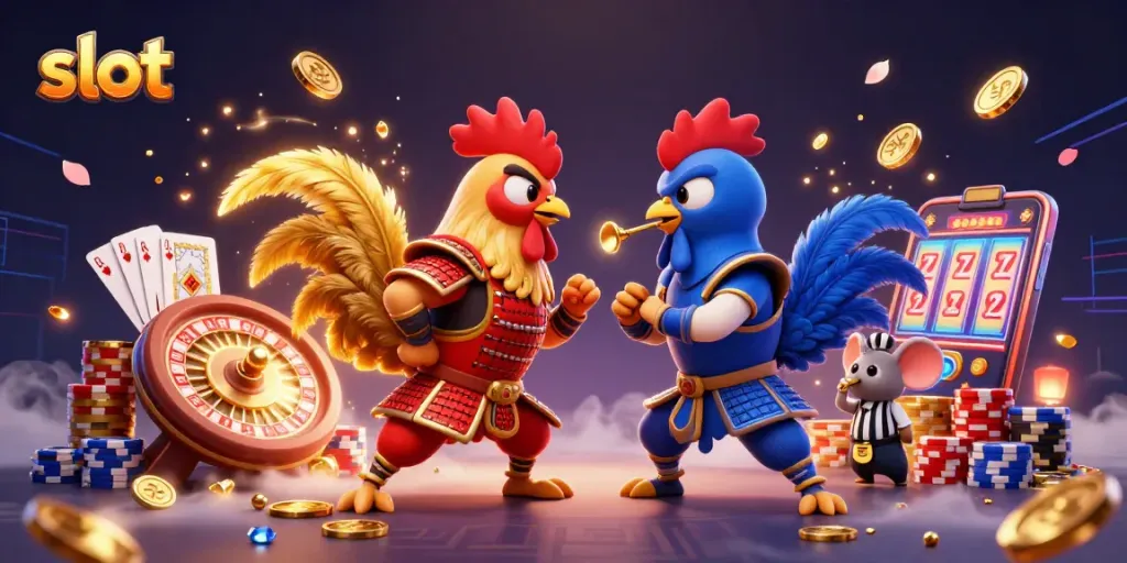 Experience thrilling slot action with roosters in samurai and ninja gear amidst golden coins and gems.
