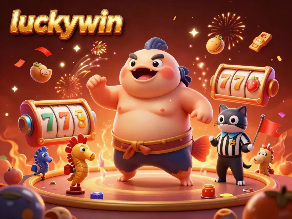 Experience jackpot excitement with luckywin in this vibrant underwater casino scene featuring a blowfish and catfish referee.