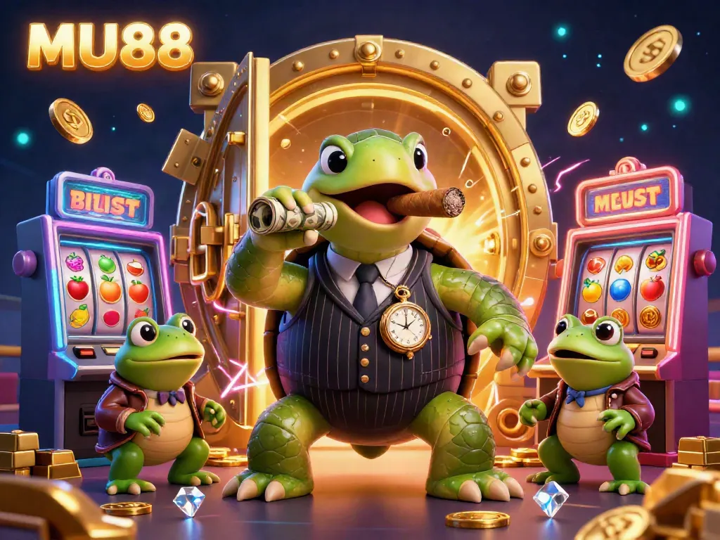 Experience the thrilling casino atmosphere with MU88, highlighted by vibrant slot machines and animated characters.