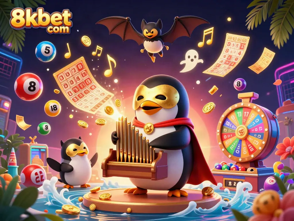 Experience thrilling gameplay with 8xbet com, featuring a penguin in a vibrant casino illustration.