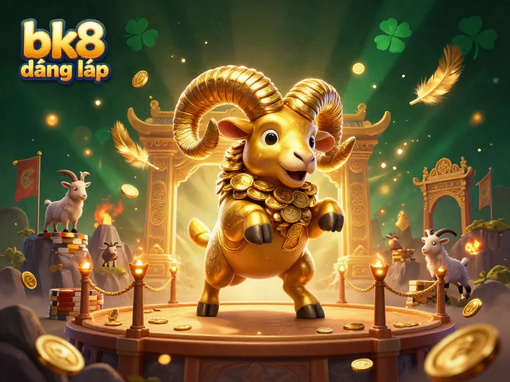Experience epic gaming with the bk8 đăng nhập 3D scene featuring a golden ram charging through a casino-themed setting.