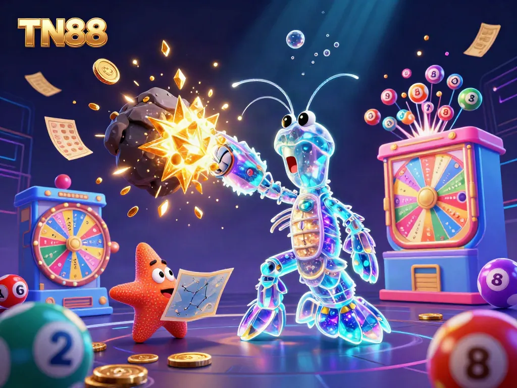 Engaging TN88 casino scene with a mantis shrimp and starfish among colorful lottery elements.