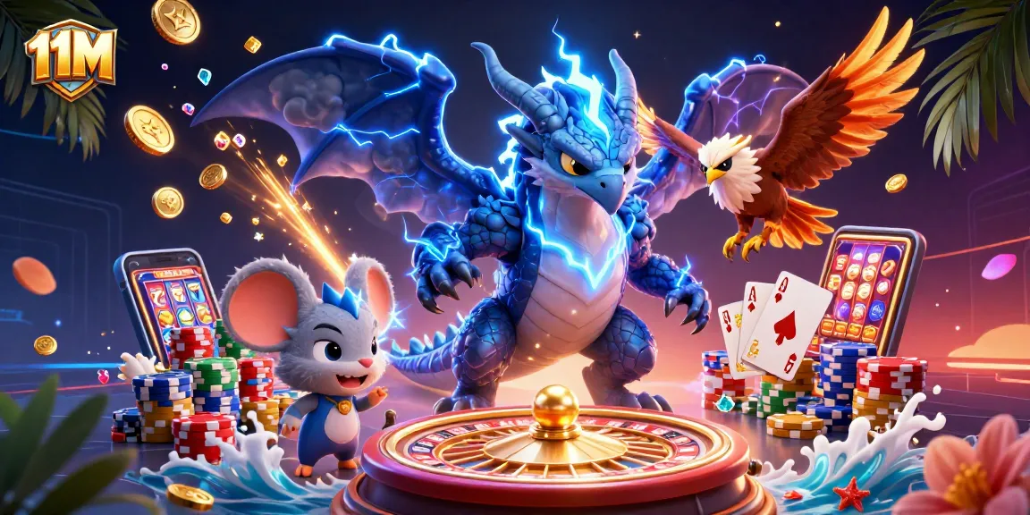 Engage with 11M casino magic featuring vibrant characters and captivating elements in a rich, dynamic scene.