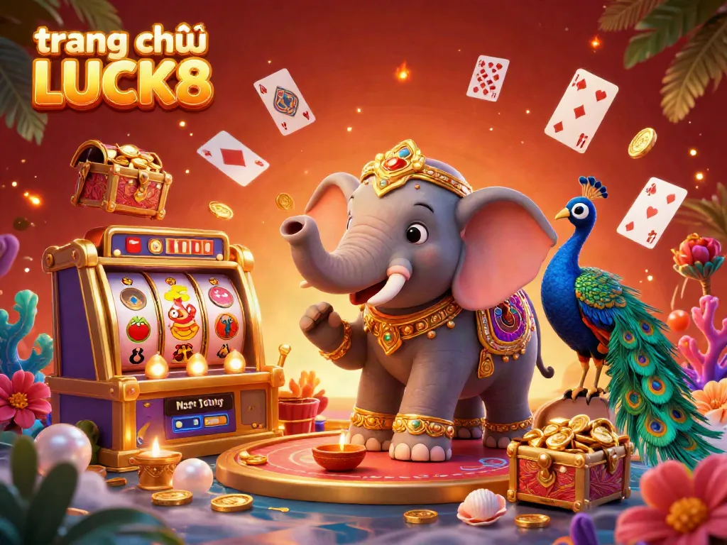 Experience the vibrant atmosphere of trang chủ LUCK8 with a colorful casino scene filled with lively characters and dynamic game elements.