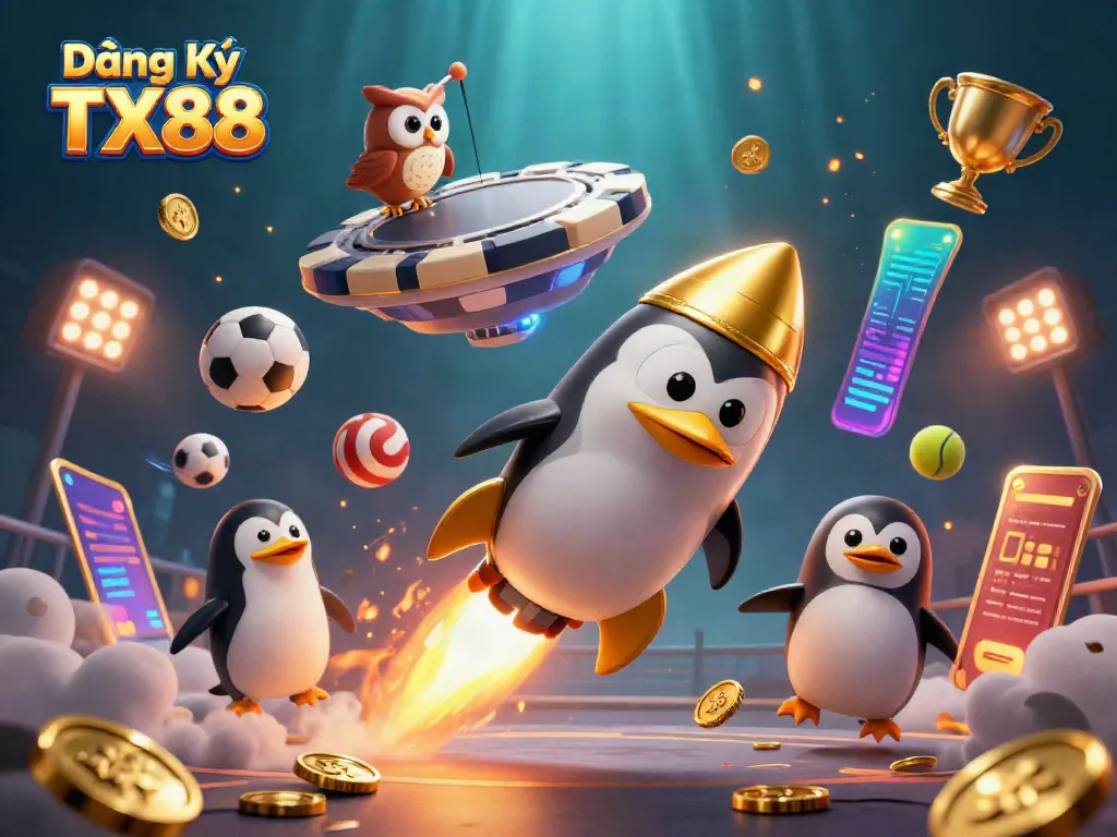 Engaging scene showcasing Đăng Ký TX88 with a golden penguin, sports elements, and festive casino vibes.