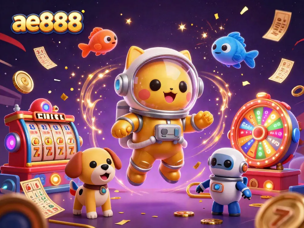Join the excitement of ae888 with a vibrant 3D illustration featuring a space astronaut cat surrounded by dynamic casino elements.