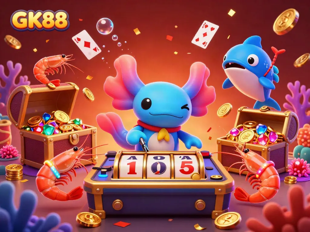 A vibrant underwater casino scene featuring the GK88 axolotl DJ spinning slot reels.