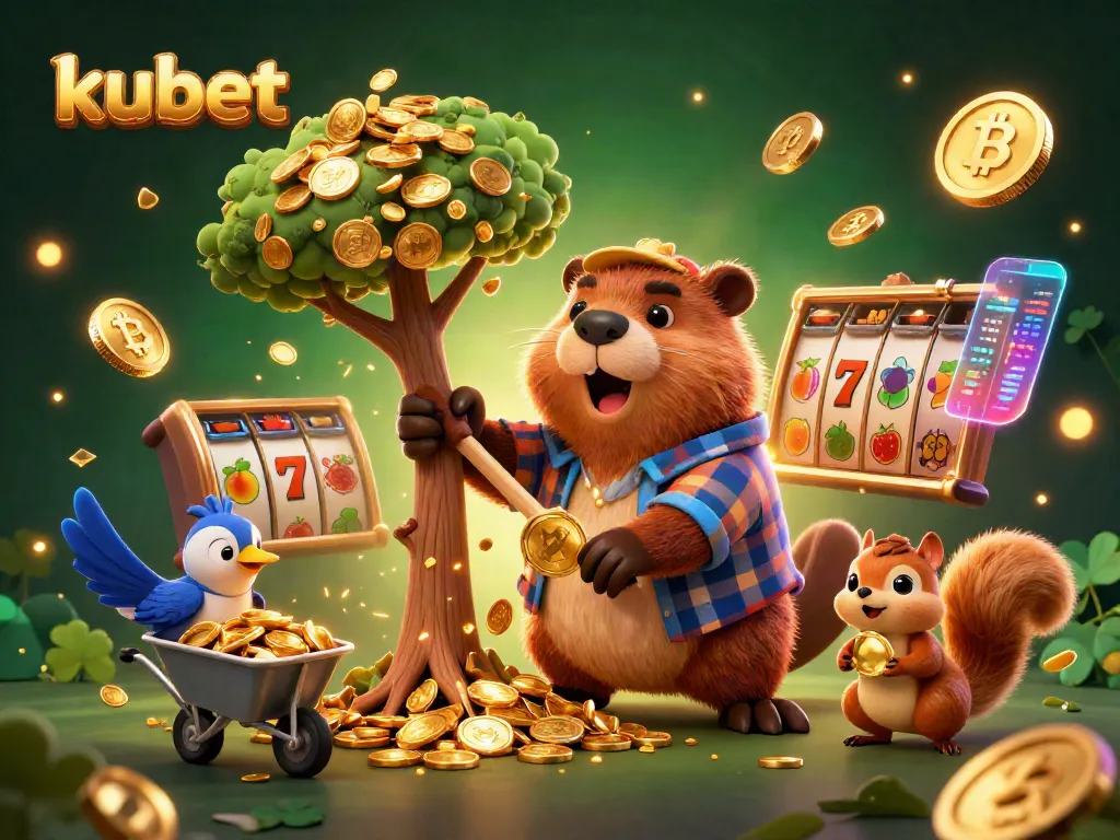 Experience the thrill of Kubet with a vibrant 3D scene featuring a beaver and friends collecting golden coins.