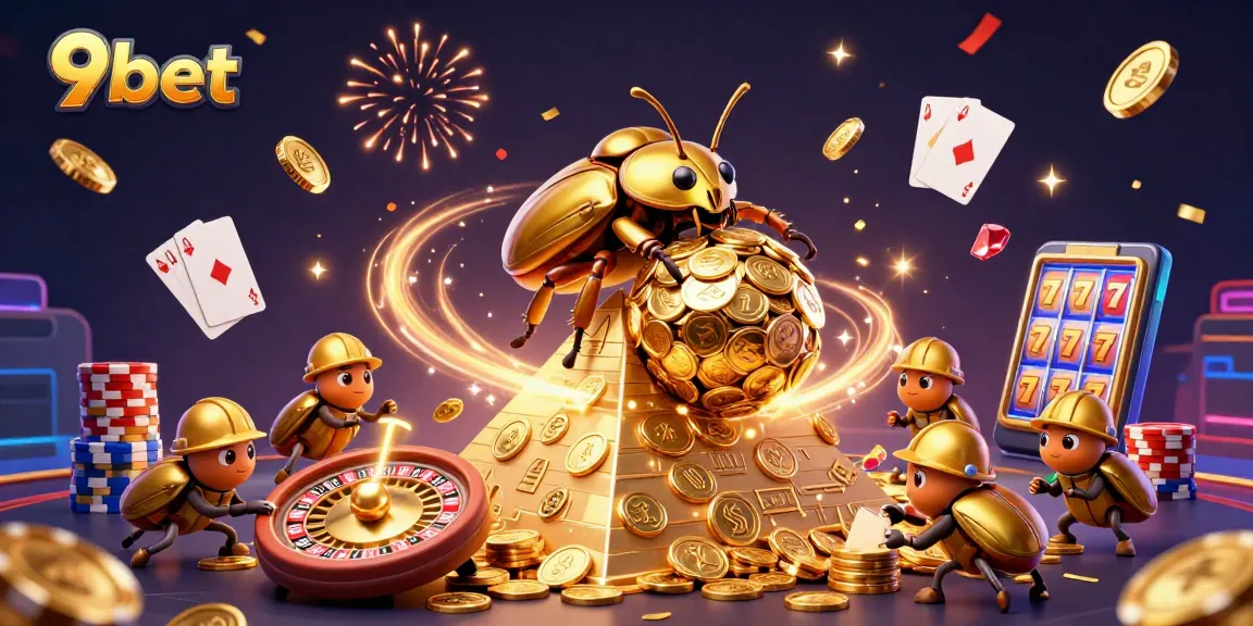 Experience excitement with 9bet as a golden dung beetle rolls coins to victory in a vibrant casino