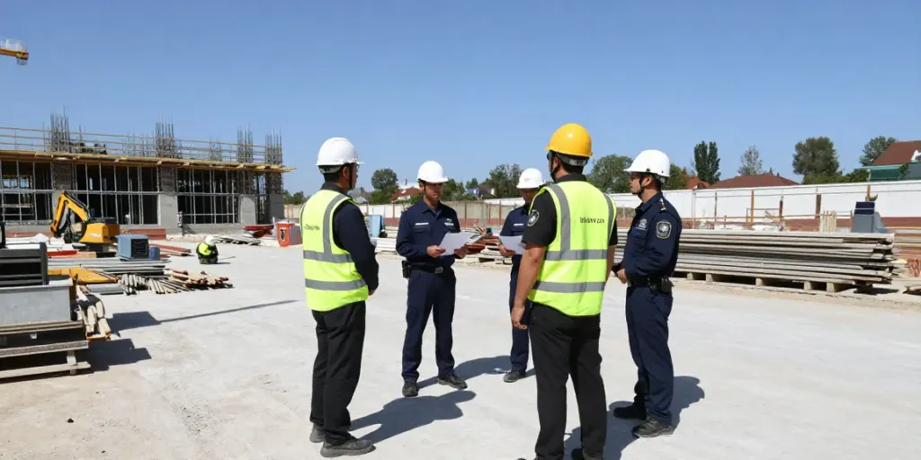 Trusted Construction Site Security professionals guarding a busy construction zone with licensed staff and equipment.