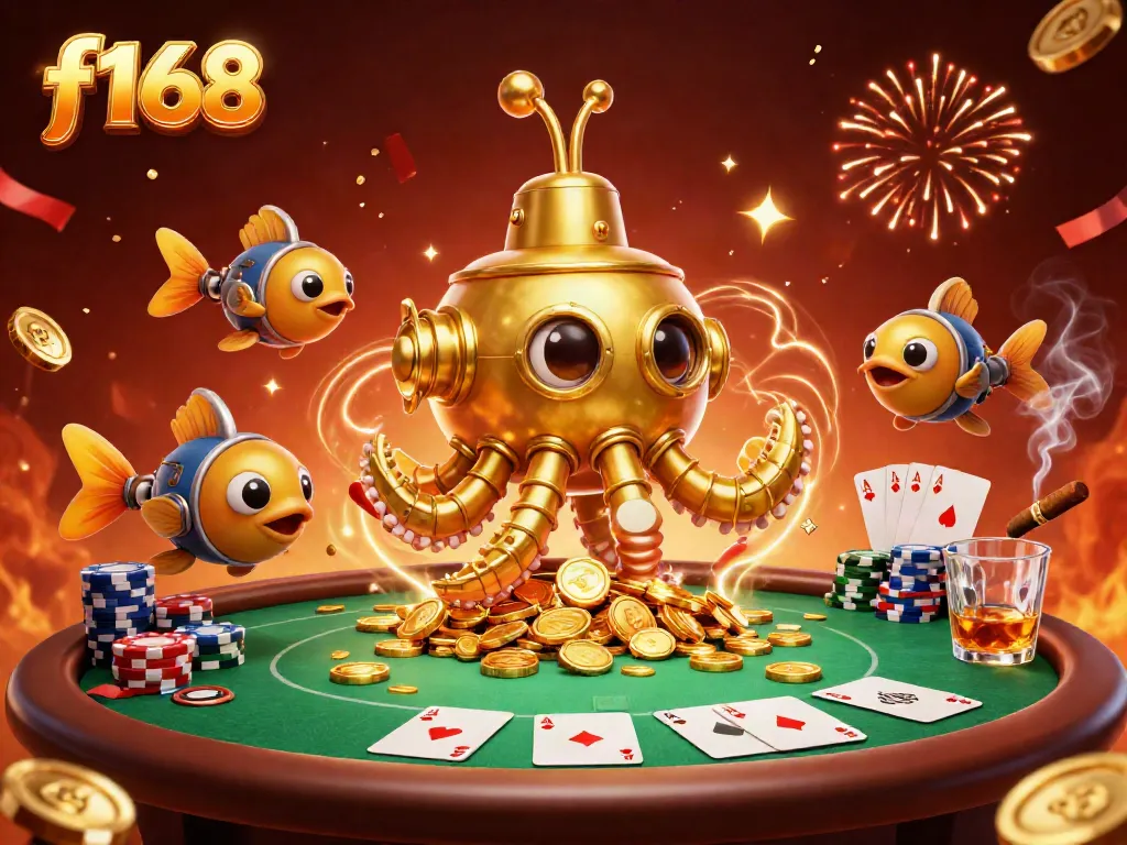 Engage with f168's exciting golden kraken submarines and poker elements, celebrating a vibrant casino atmosphere.